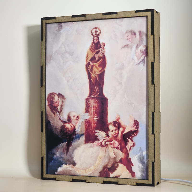 Lámpara LED de la Virgen del Pilar con el Niño Jesús sobre la columna y rodeada de ángeles - Galeria
