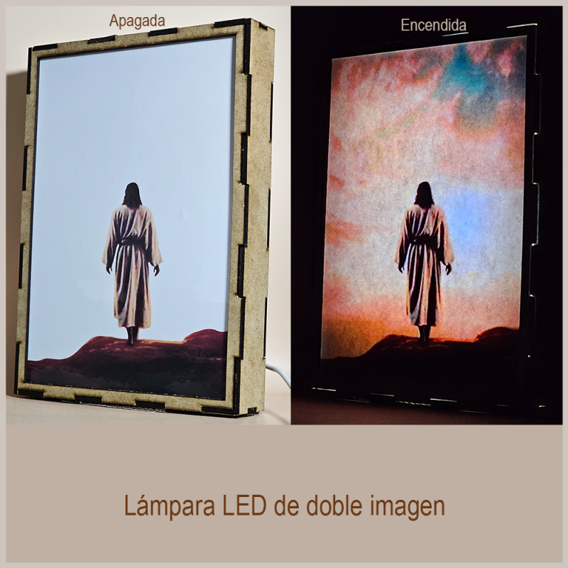 Lámpara con doble imagen  (Nuestro Señor Jesucristo), vista apagada y encendida, donde se revela la ilustración completa al encender la luz LED.