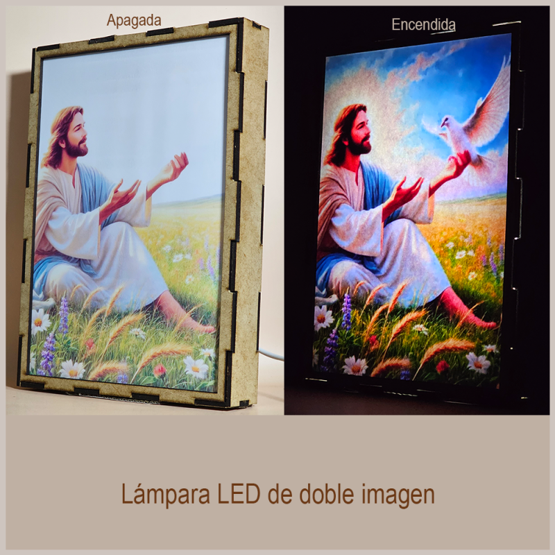 Lámpara con doble imagen  (Nuestro Señor Jesucristo), vista apagada y encendida, donde se revela la ilustración completa al encender la luz LED.