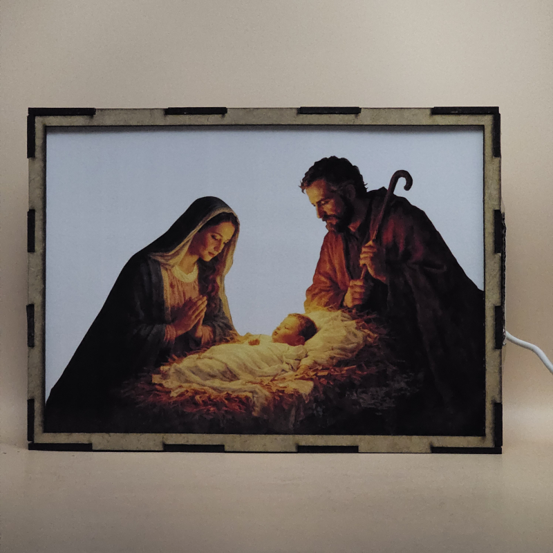 Lámpara con doble imagen el Tercer misterio gosozo El Nacimiento del Hijo de Dios (), vista apagada, se esconde la imágen de atras.