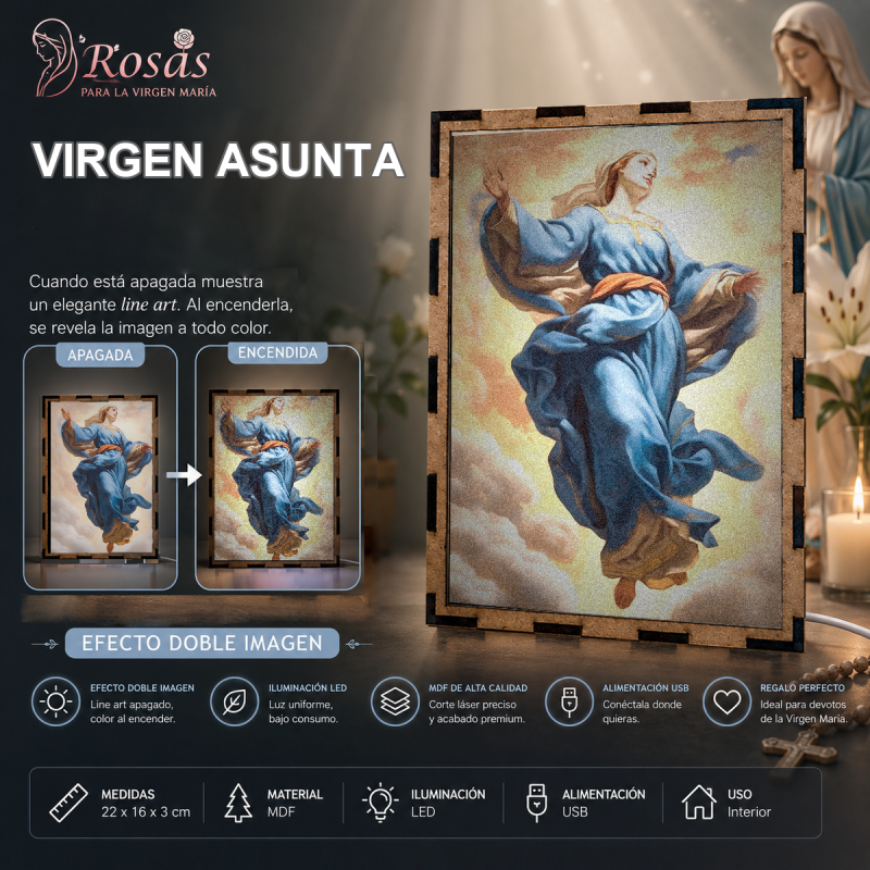 Lámpara LED de la Asunción de la Virgen María con manto azul entre nubes