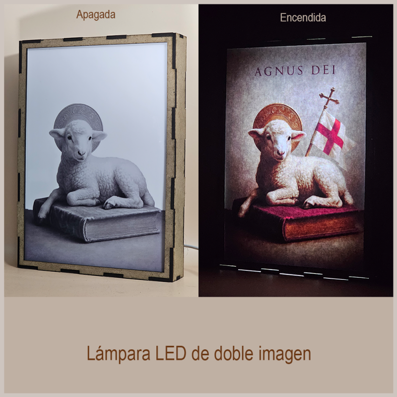 Lámpara con doble imagen  (Nuestro Señor Jesucristo), vista apagada y encendida, donde se revela la ilustración completa al encender la luz LED.