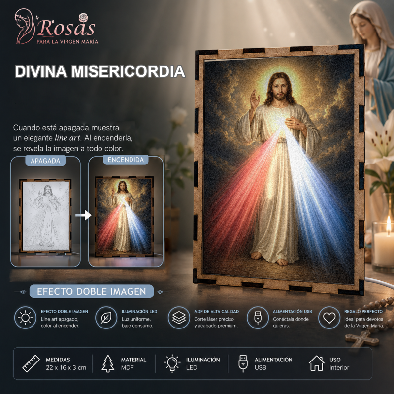 Lámpara LED de Jesús de la Divina Misericordia con rayos rojo y azul
