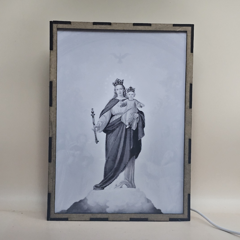 Lámpara con doble imagen  (Virgen María Auxiliadora), vista apagada, se esconde la imágen de atras.