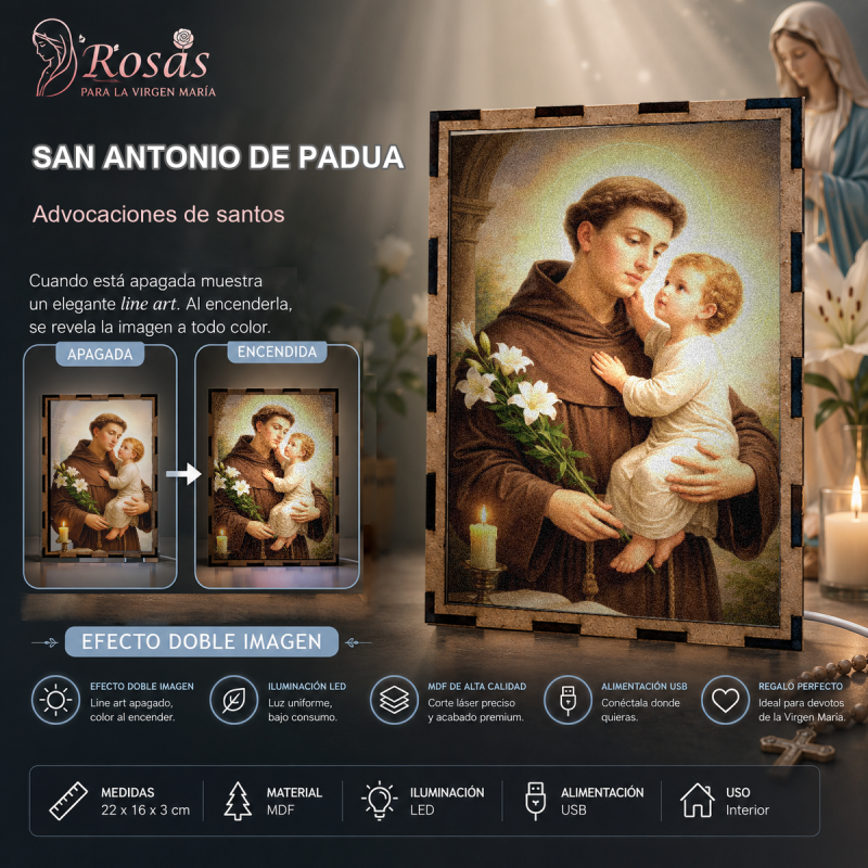 Lámpara LED de San Antonio de Padua con el Niño Jesús y lirios blancos