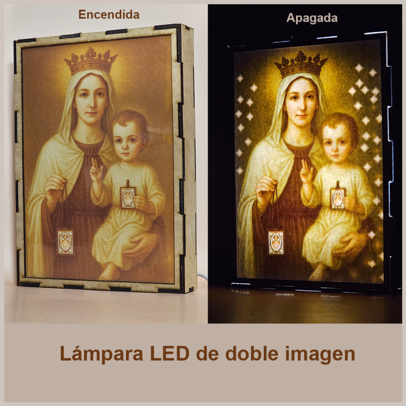 Lámpara con doble imagen  (Virgen del Carmen), vista apagada y encendida, donde se revela la ilustración completa al encender la luz LED.